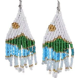 NEW Beaded Boho Nature Scene Sun Over Mountain River Hippie Dangly Earrings